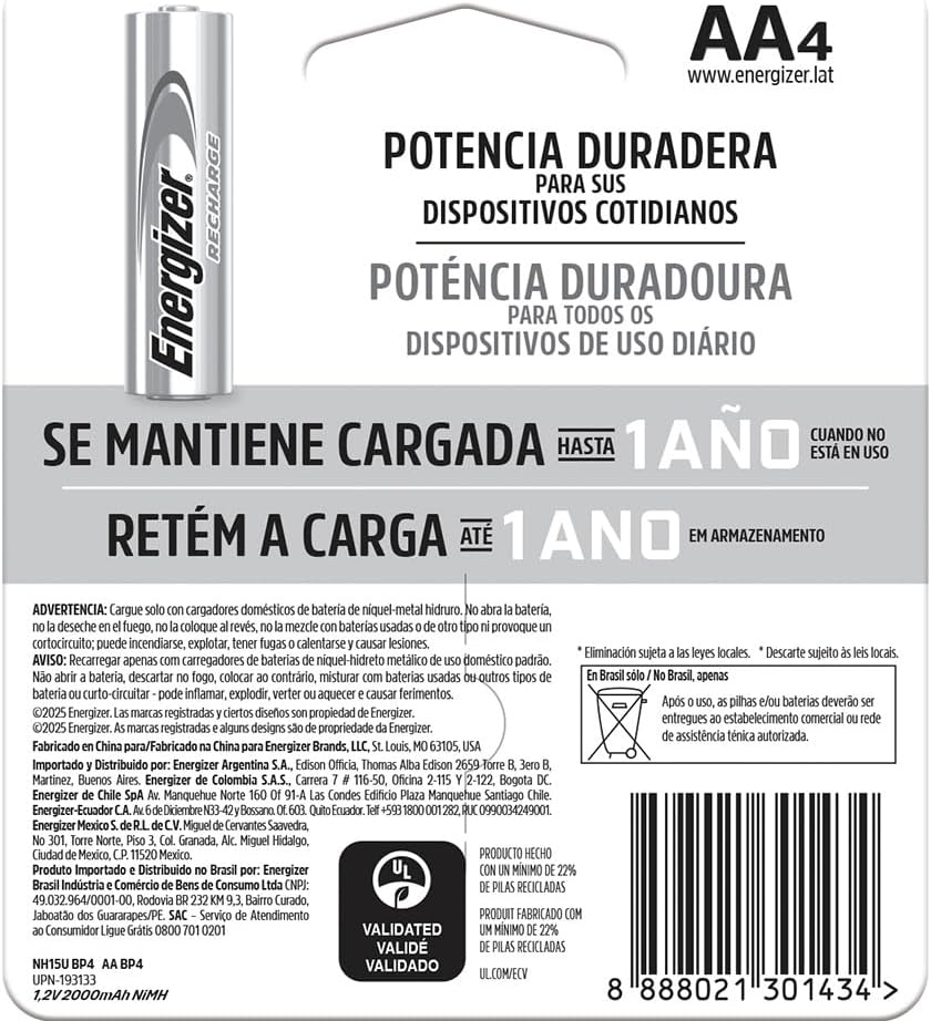 Energizer 2000mAh AA Rechargable Battery 4-Piece Set